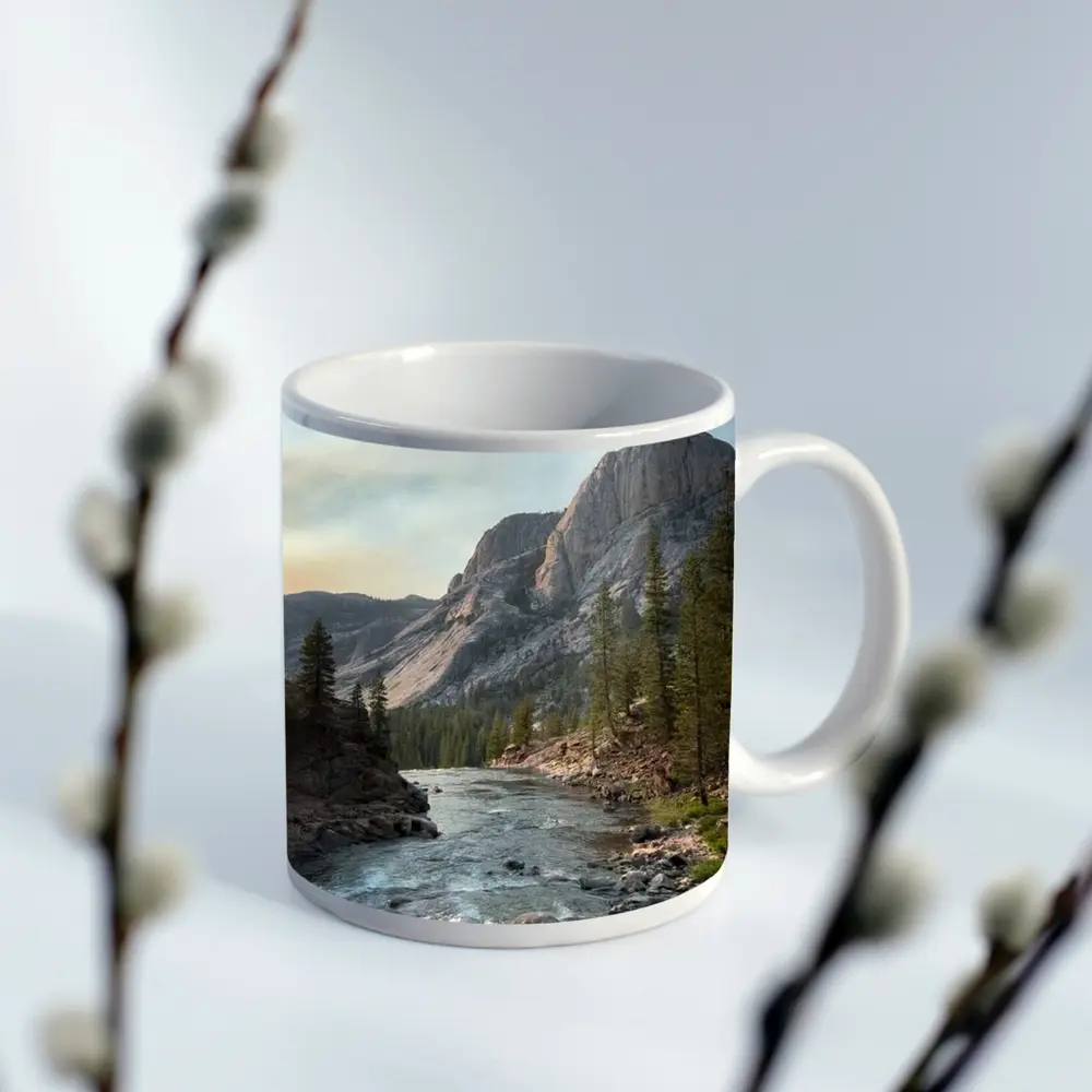 Mountain River Valley Pine Trees Landscape – Mugs