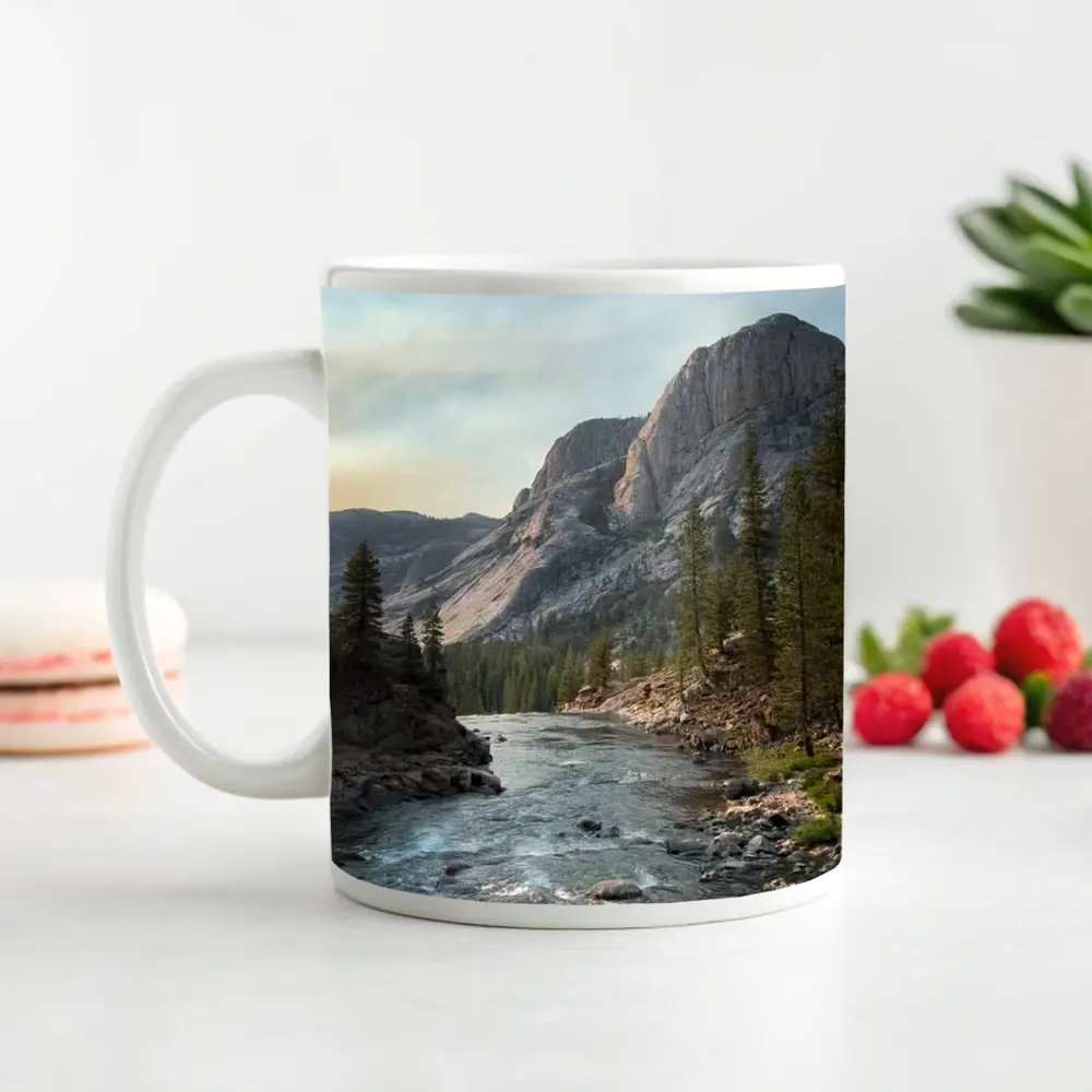 Mountain River Valley Pine Trees Landscape – Mugs