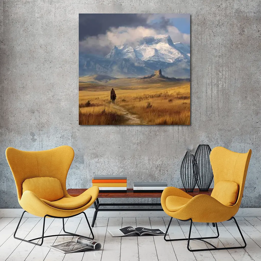 Lone Cowboy Riding Toward Snow Capped Mountains – Wall Art