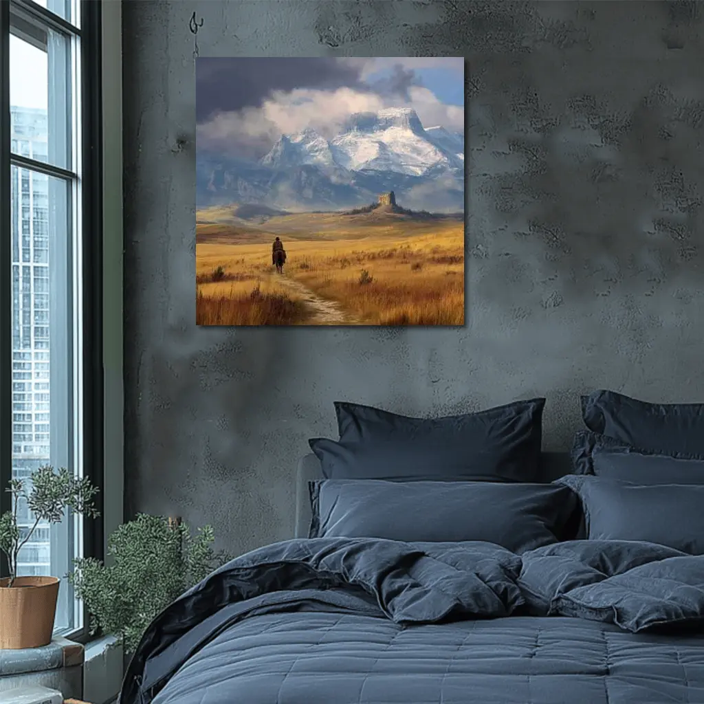 Lone Cowboy Riding Toward Snow Capped Mountains – Wall Art