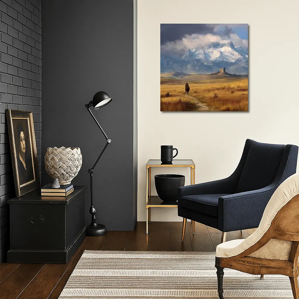 Lone Cowboy Riding Toward Snow Capped Mountains – Wall Art