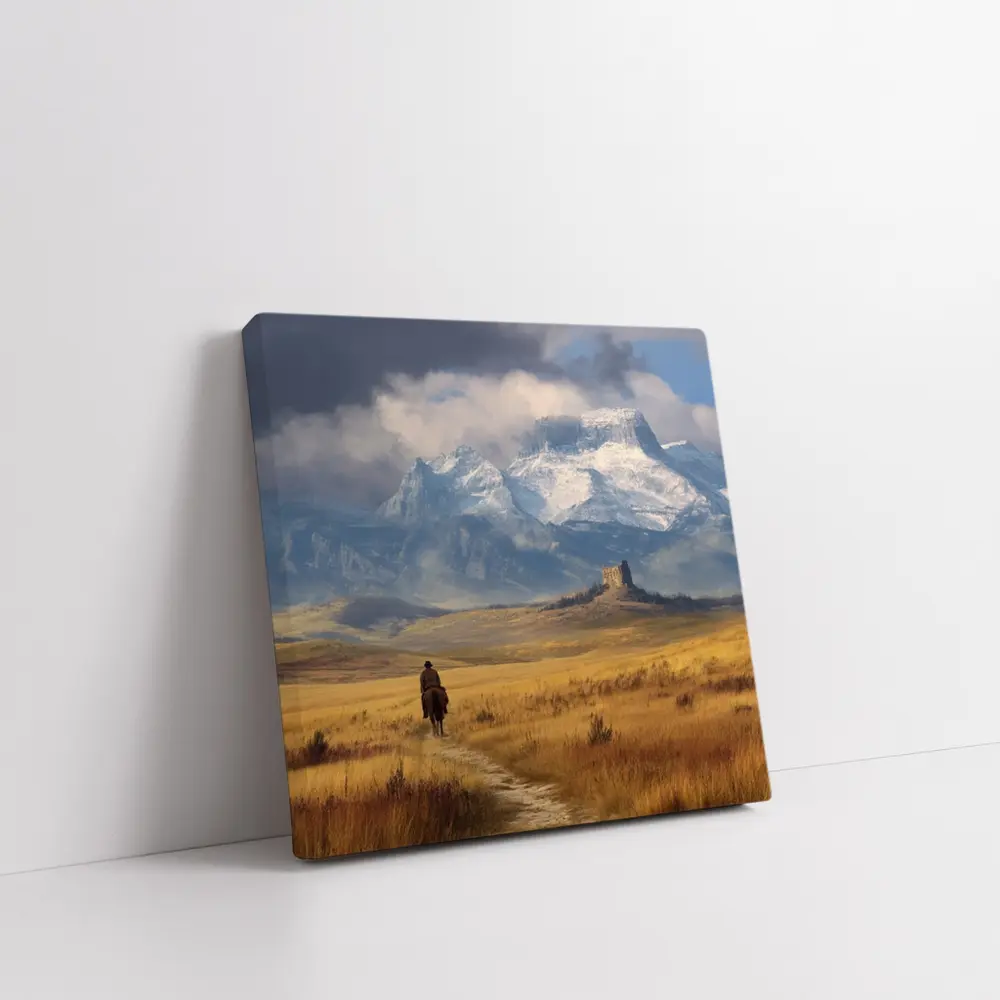 Lone Cowboy Riding Toward Snow Capped Mountains – Wall Art