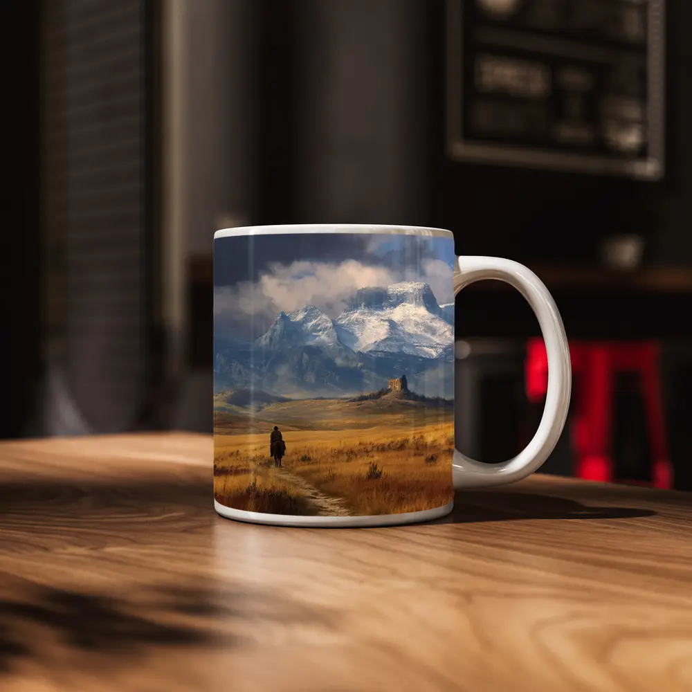 Lone Cowboy Riding Toward Snow Capped Mountains – Mugs
