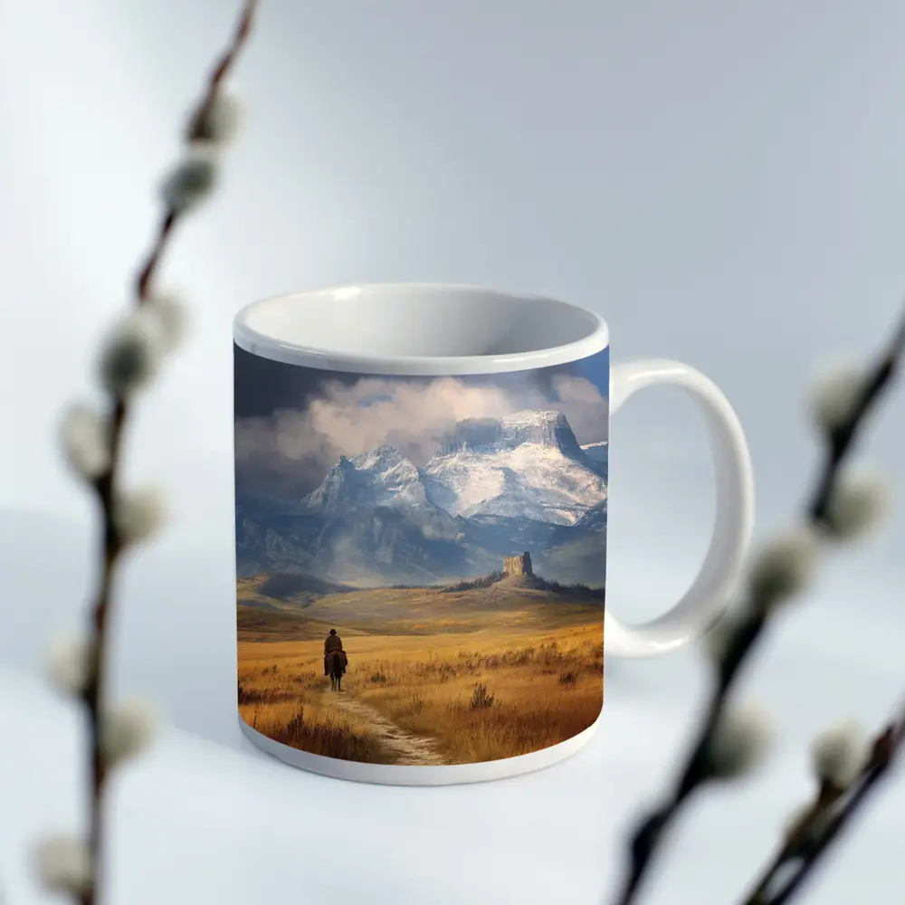 Lone Cowboy Riding Toward Snow Capped Mountains – Mugs