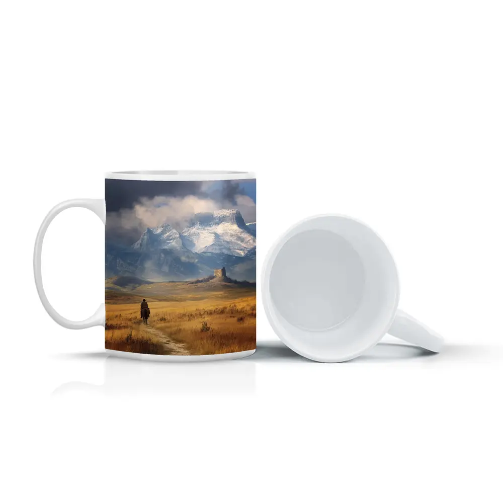Lone Cowboy Riding Toward Snow Capped Mountains – Mugs
