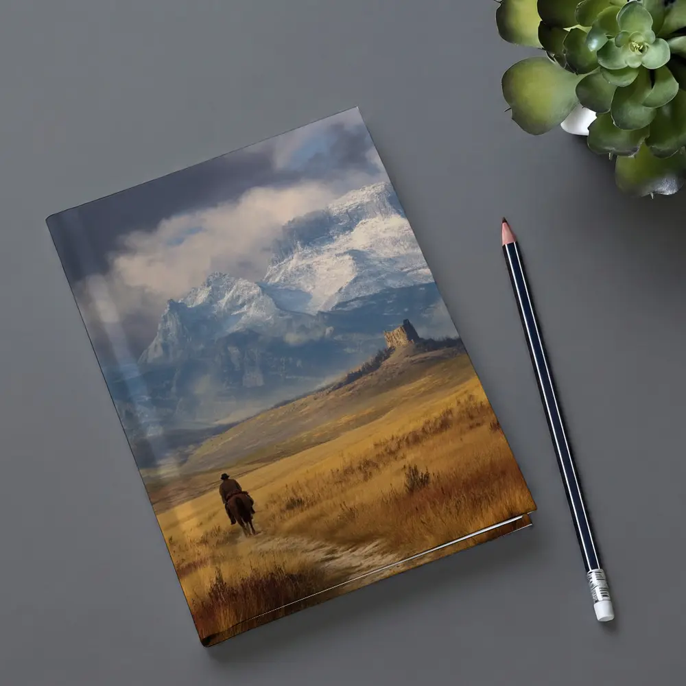 Lone Cowboy Riding Toward Snow Capped Mountains – Notebooks