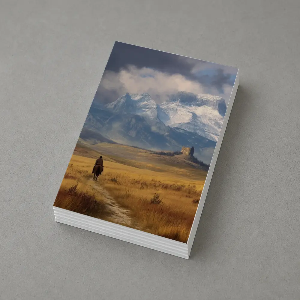 Lone Cowboy Riding Toward Snow Capped Mountains – Postcards