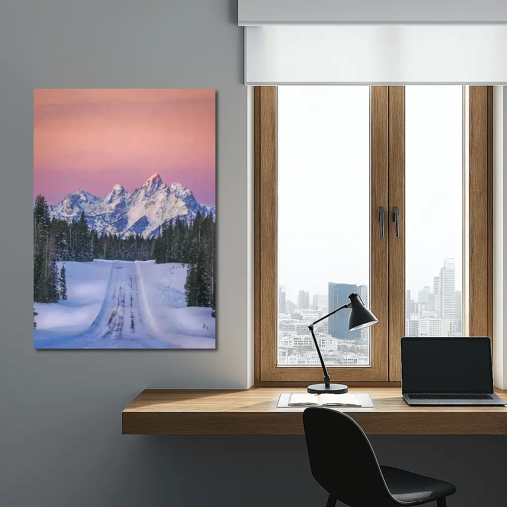Snow Road Grand Teton Mountains Pink Sky – Wall Art