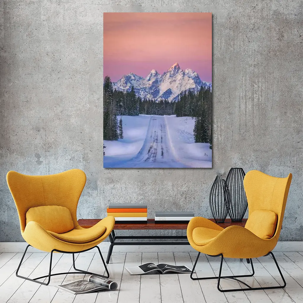 Snow Road Grand Teton Mountains Pink Sky – Wall Art