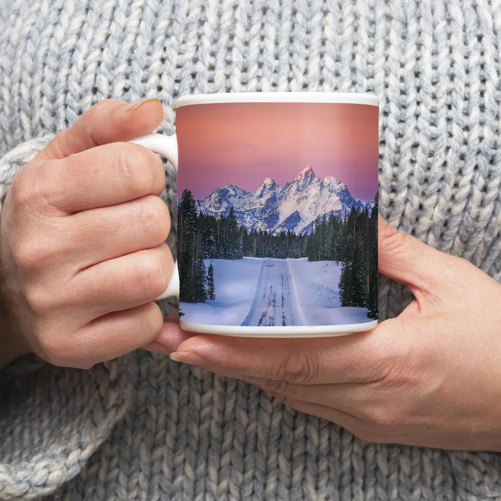Snow Road Grand Teton Mountains Pink Sky – Mugs