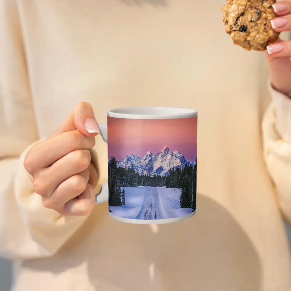 Snow Road Grand Teton Mountains Pink Sky – Mugs