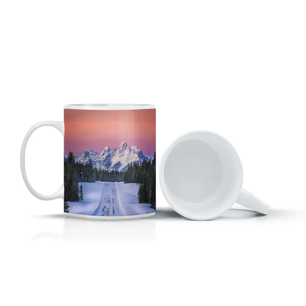 Snow Road Grand Teton Mountains Pink Sky – Mugs