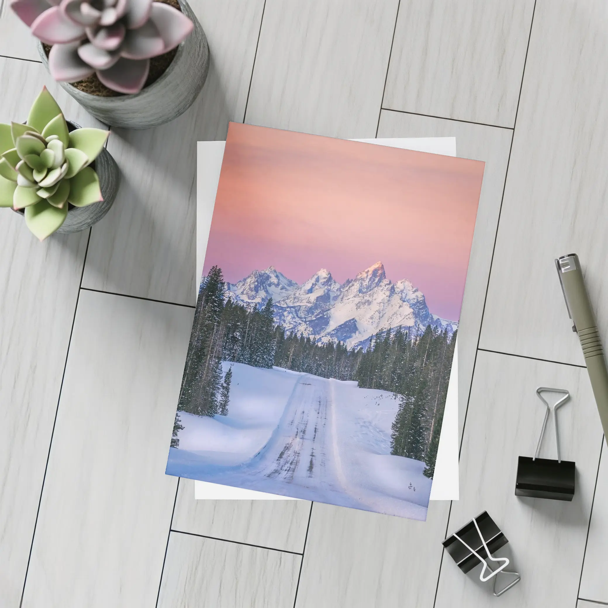 Snow Road Grand Teton Mountains Pink Sky – Postcards