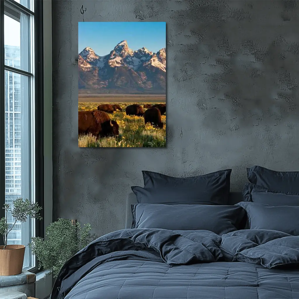 Bison Herd Grazing Grand Teton Mountains – Wall Art