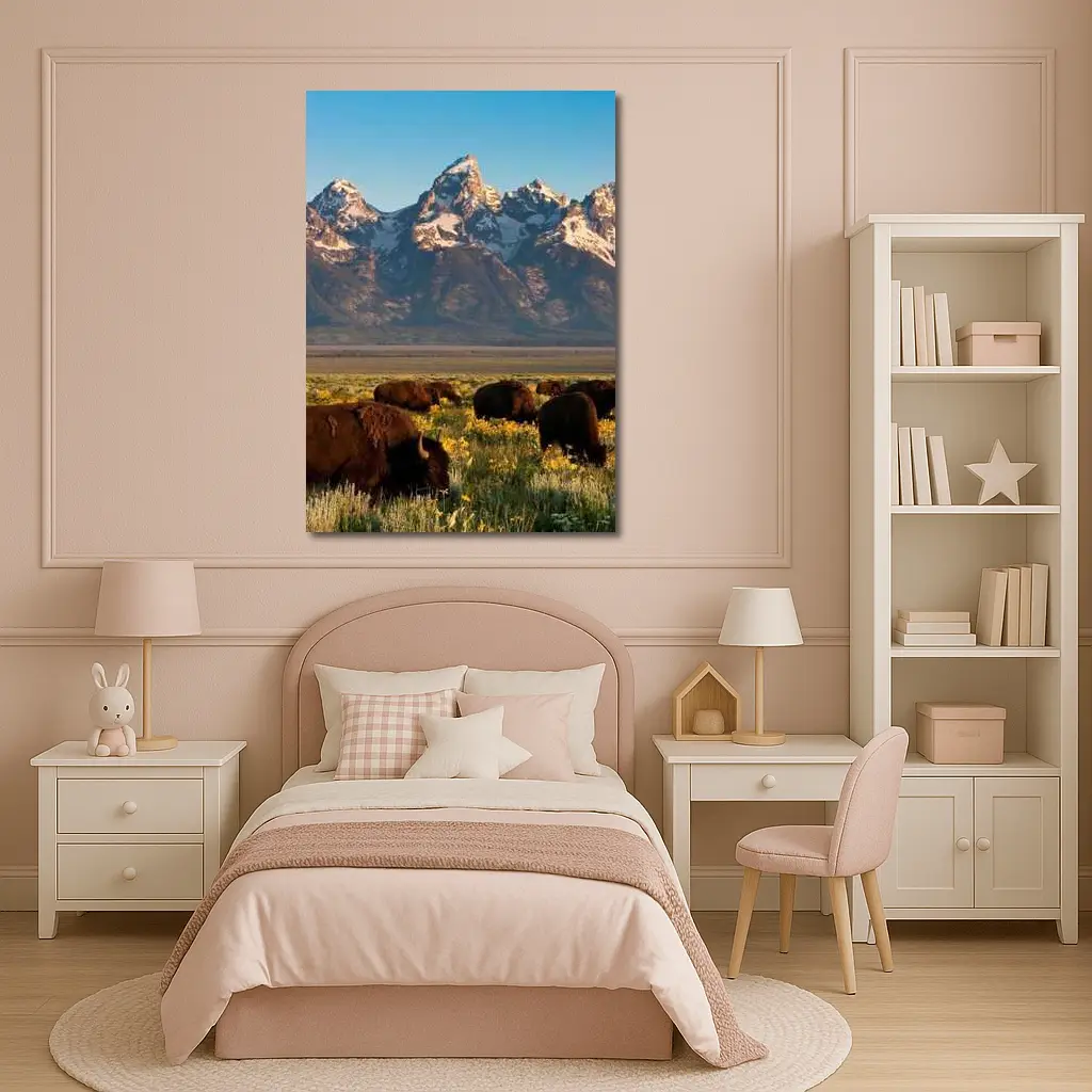 Bison Herd Grazing Grand Teton Mountains – Wall Art