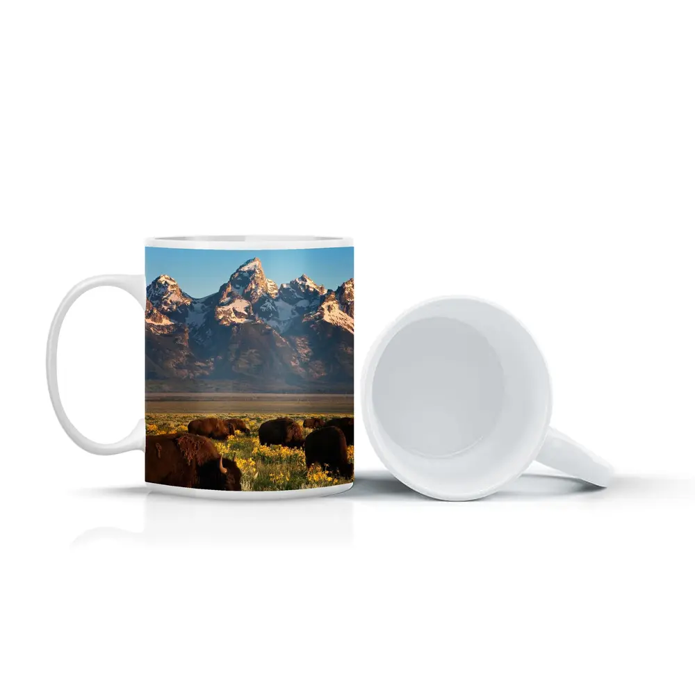 Bison Herd Grazing Grand Teton Mountains – Mugs