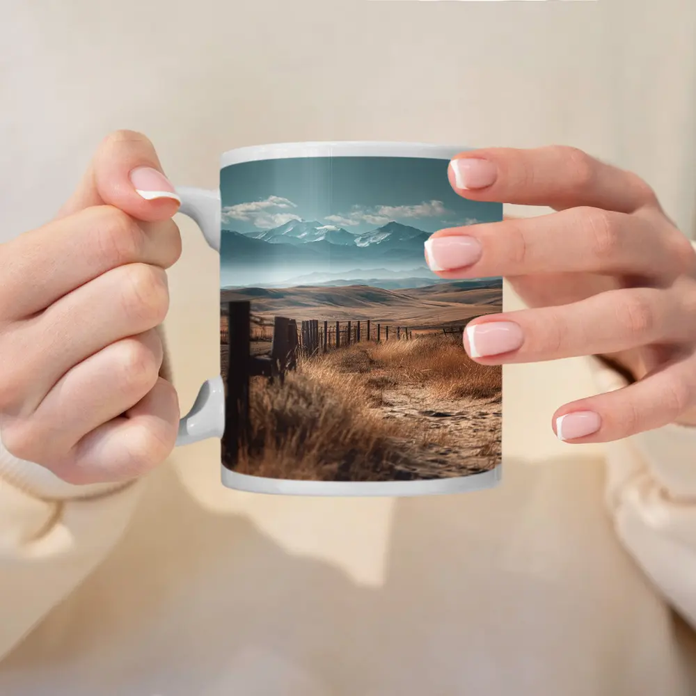 Golden Prairie Fields Snow Capped Mountains – Mugs