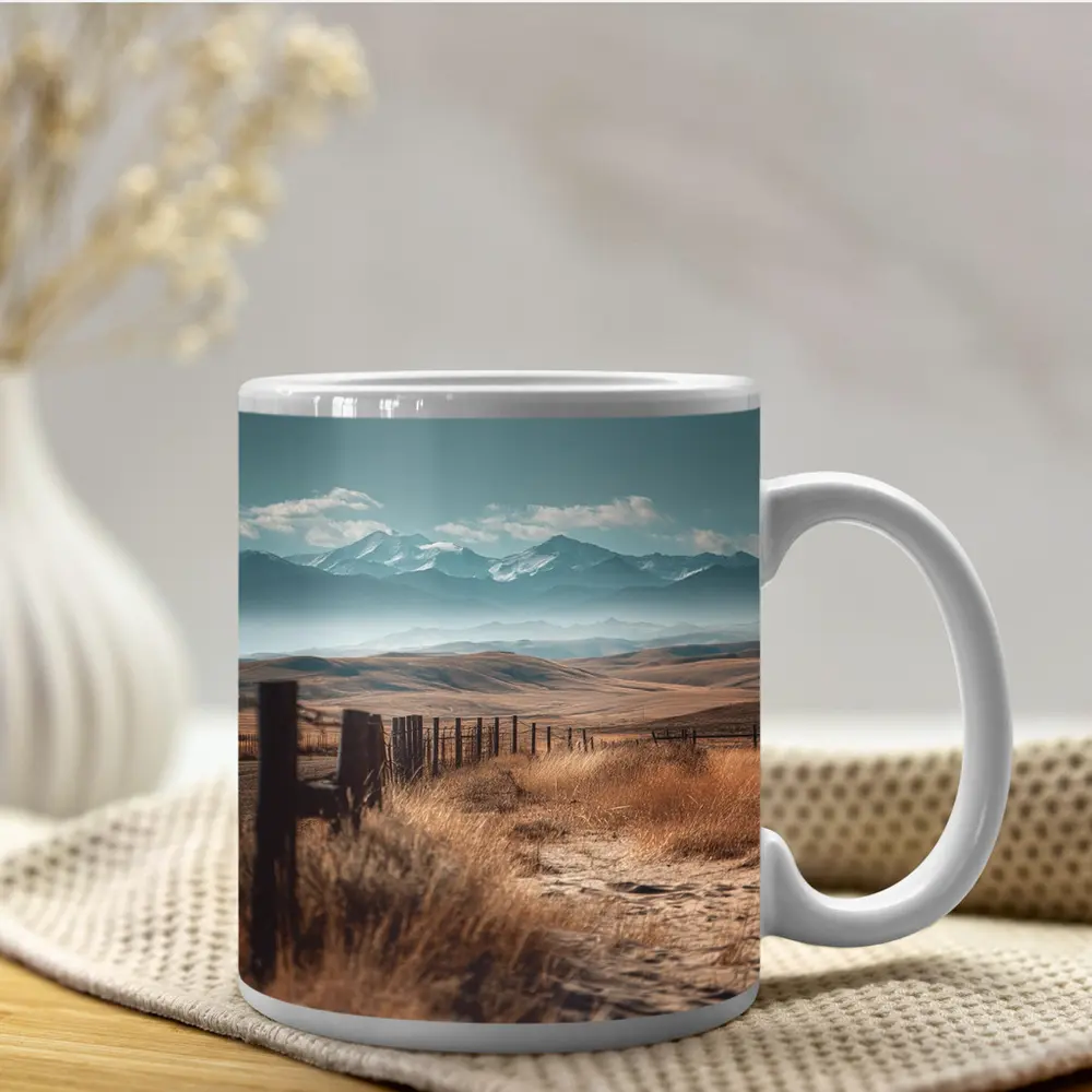 Golden Prairie Fields Snow Capped Mountains – Mugs