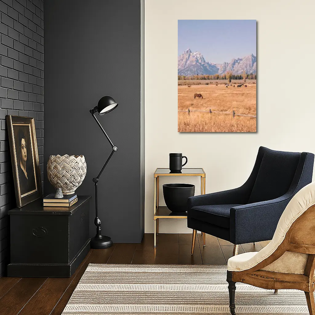 Horses Grazing Grand Teton Mountains Autumn – Wall Art