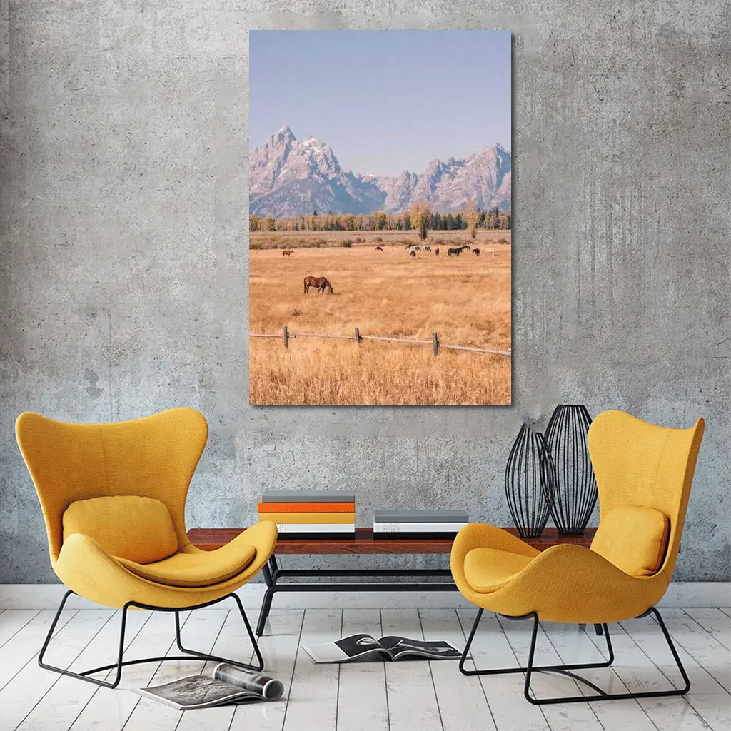 Horses Grazing Grand Teton Mountains Autumn – Wall Art