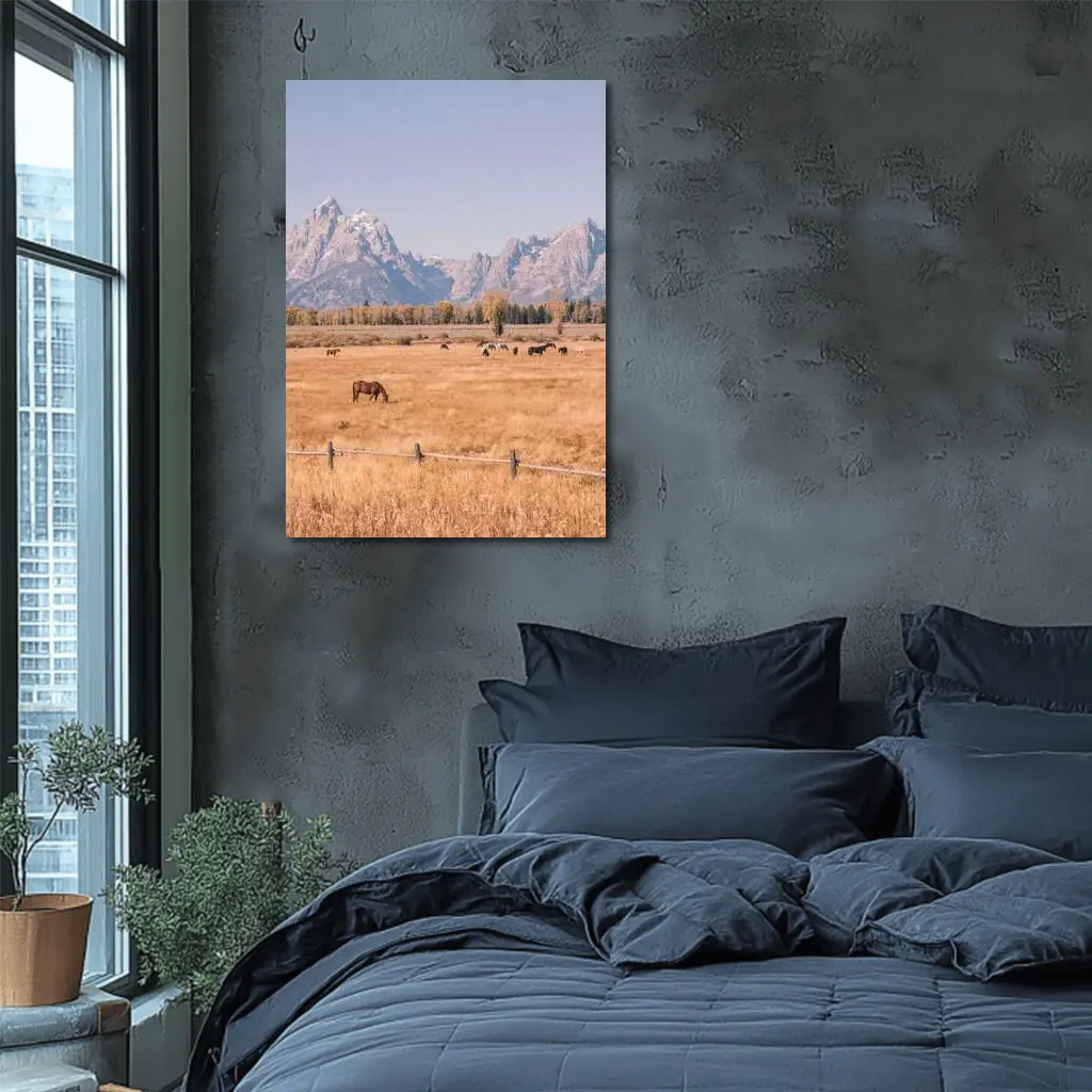 Horses Grazing Grand Teton Mountains Autumn – Wall Art