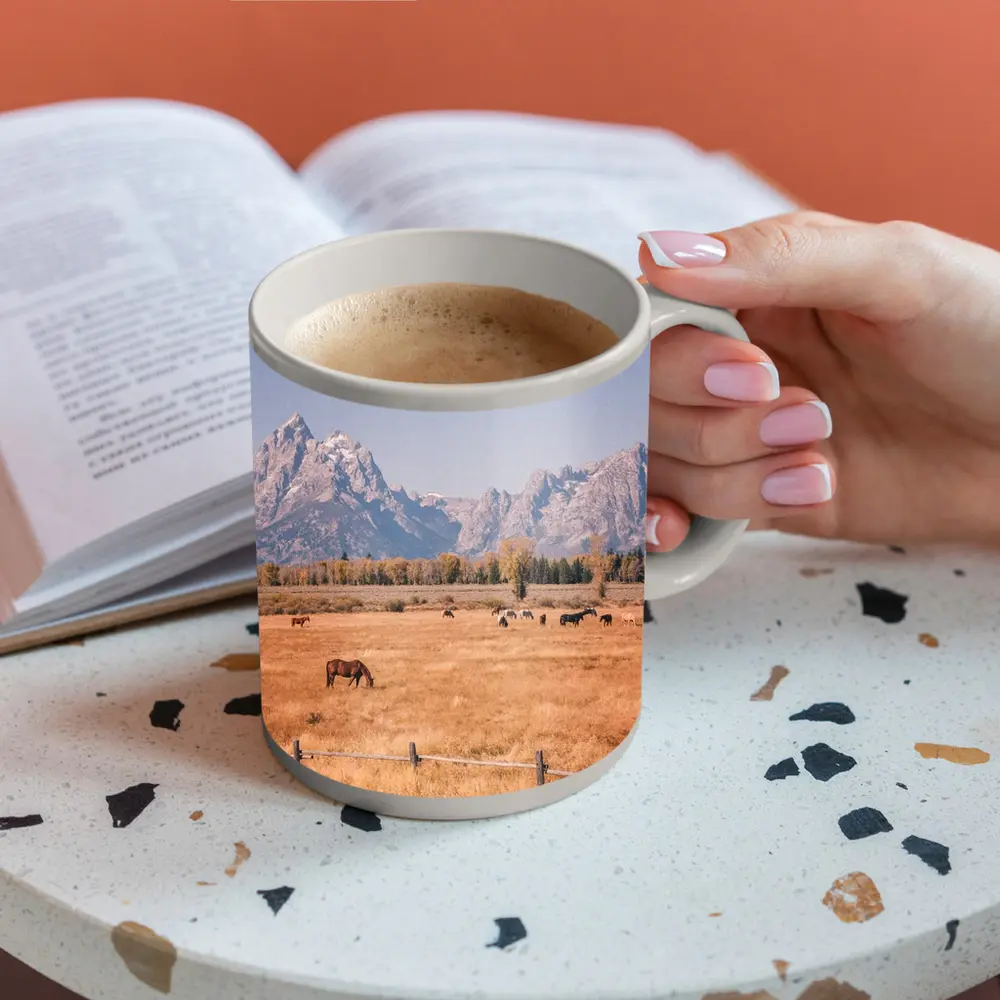 Horses Grazing Grand Teton Mountains Autumn – Mugs