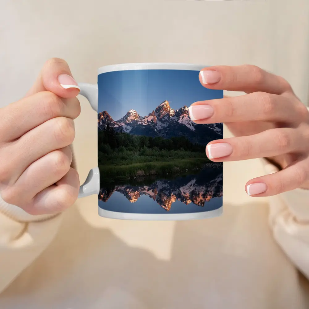 Grand Teton Mountains Reflected In Still River – Mugs
