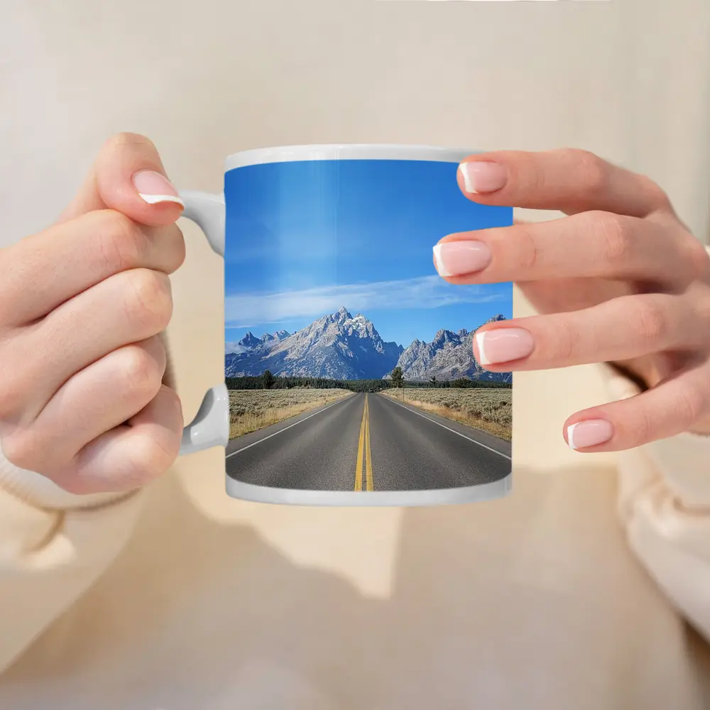 Open Road Leading to Grand Teton Mountains – Mugs