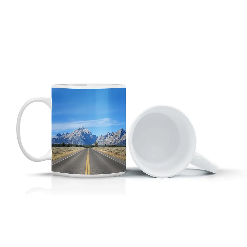 Open Road Leading to Grand Teton Mountains – Mugs