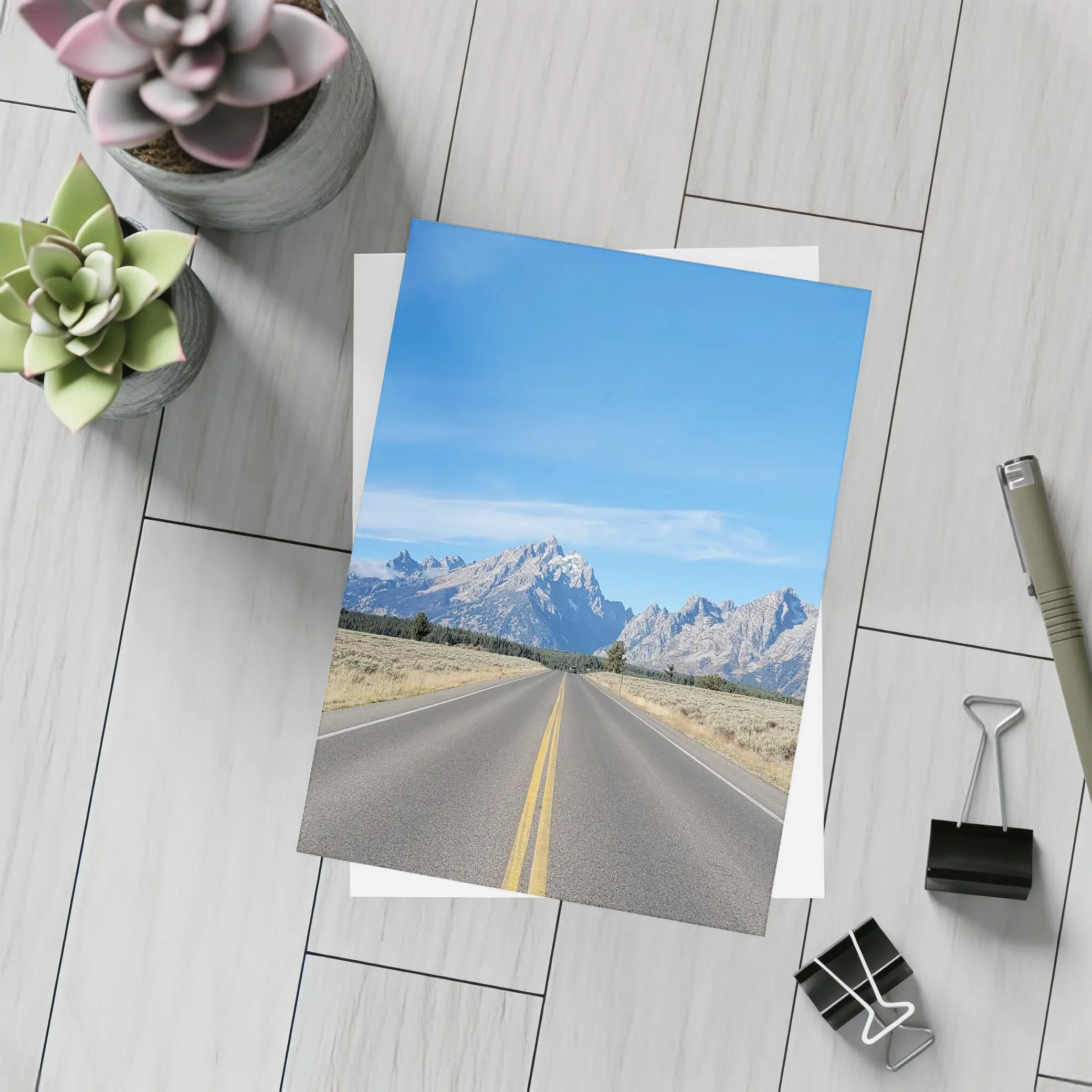Open Road Leading to Grand Teton Mountains – Postcards