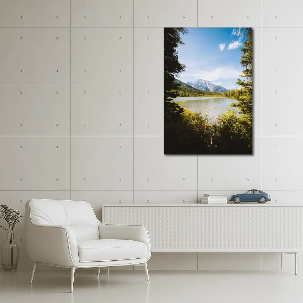 Mountain Lake View Through Pine Trees – Wall Art