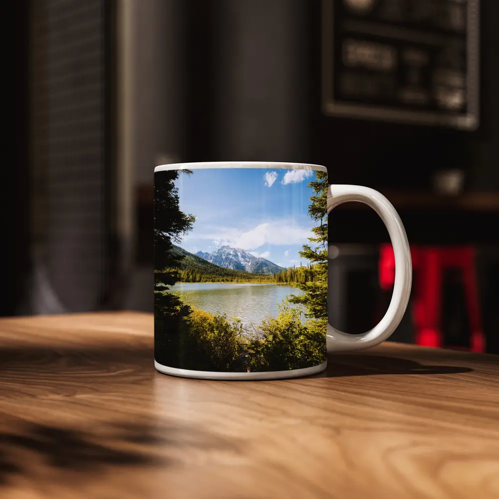 Mountain Lake View Through Pine Trees – Mugs