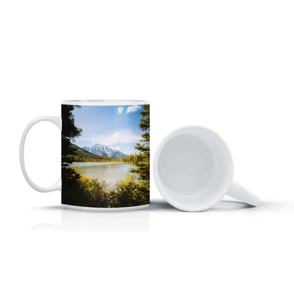 Mountain Lake View Through Pine Trees – Mugs