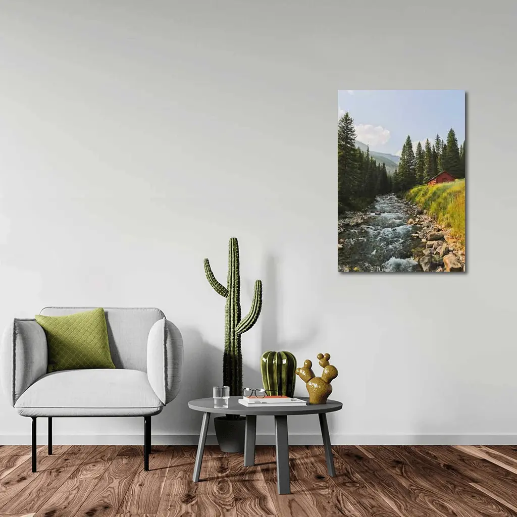 Mountain Stream Red Barn Pine Forest – Wall Art