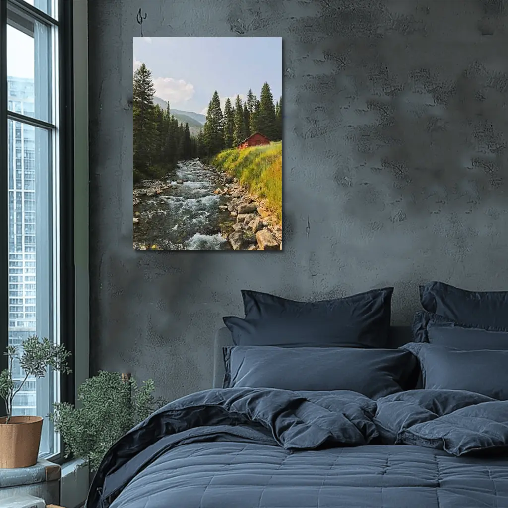 Mountain Stream Red Barn Pine Forest – Wall Art