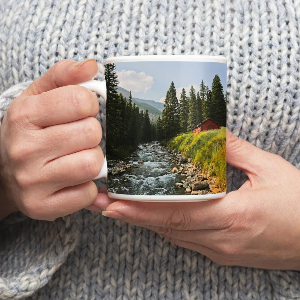 Mountain Stream Red Barn Pine Forest – Mugs