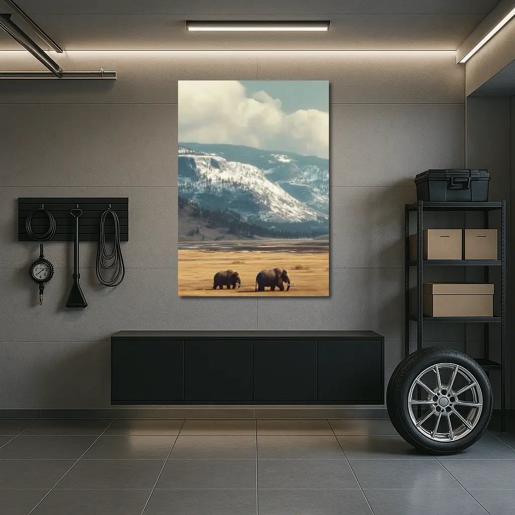 Two Elephants Walking Snowy Mountain Plains – Wall Art