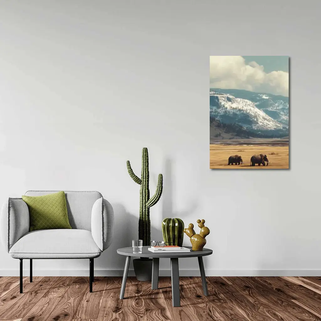 Two Elephants Walking Snowy Mountain Plains – Wall Art
