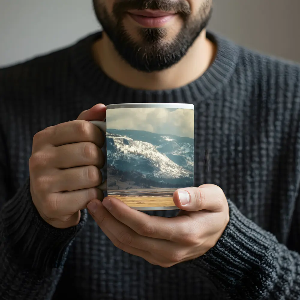 Two Elephants Walking Snowy Mountain Plains – Mugs