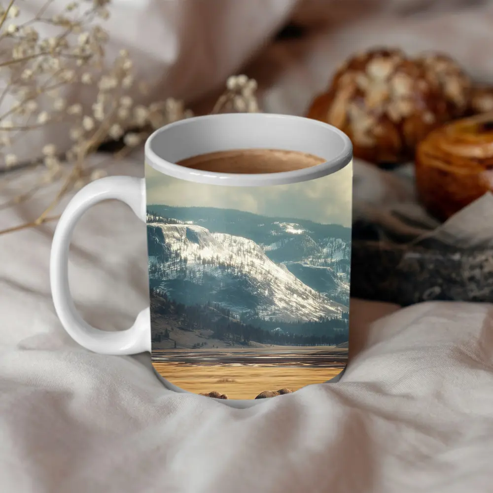 Two Elephants Walking Snowy Mountain Plains – Mugs