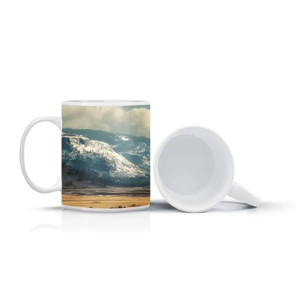 Two Elephants Walking Snowy Mountain Plains – Mugs
