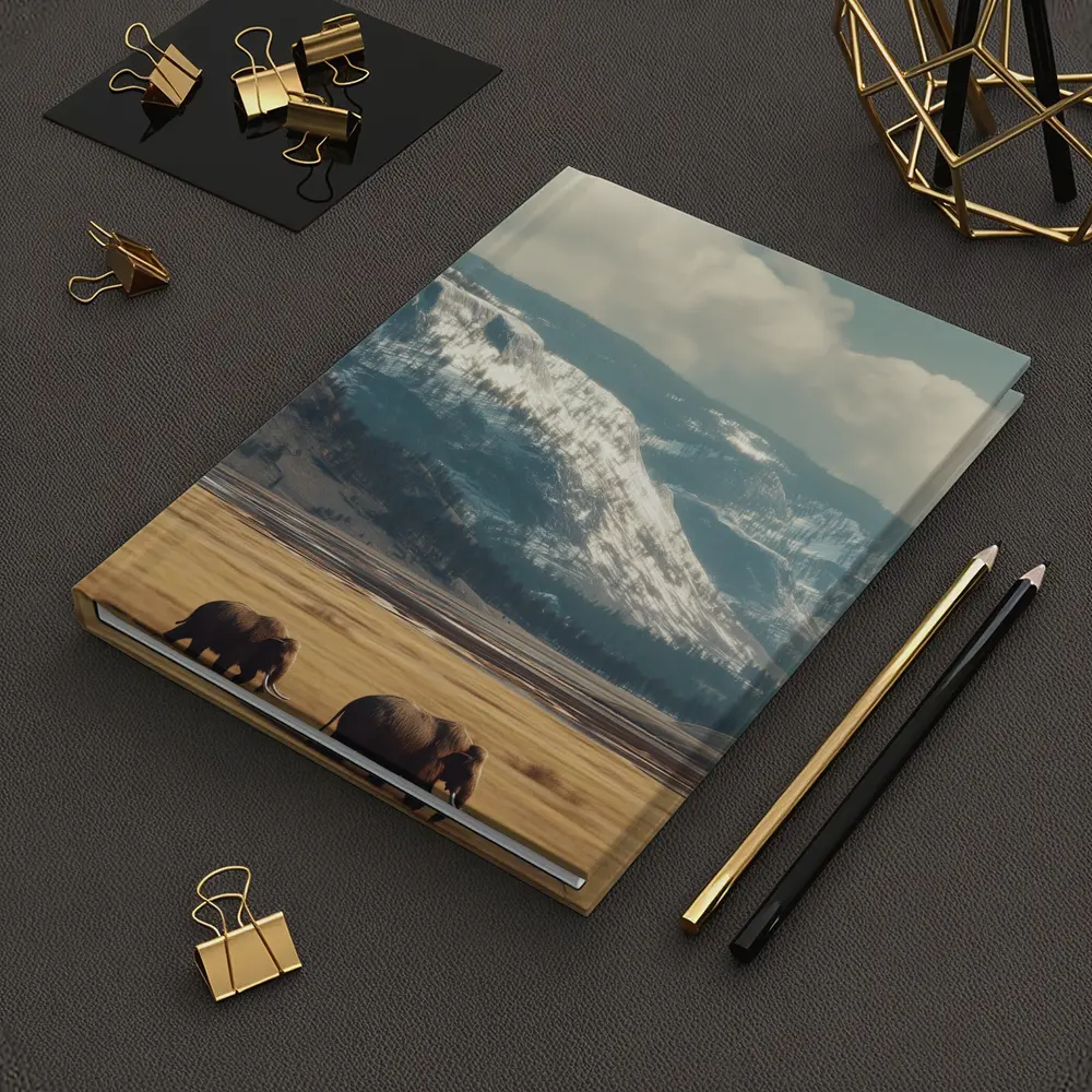 Two Elephants Walking Snowy Mountain Plains – Notebooks