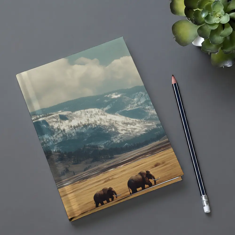 Two Elephants Walking Snowy Mountain Plains – Notebooks