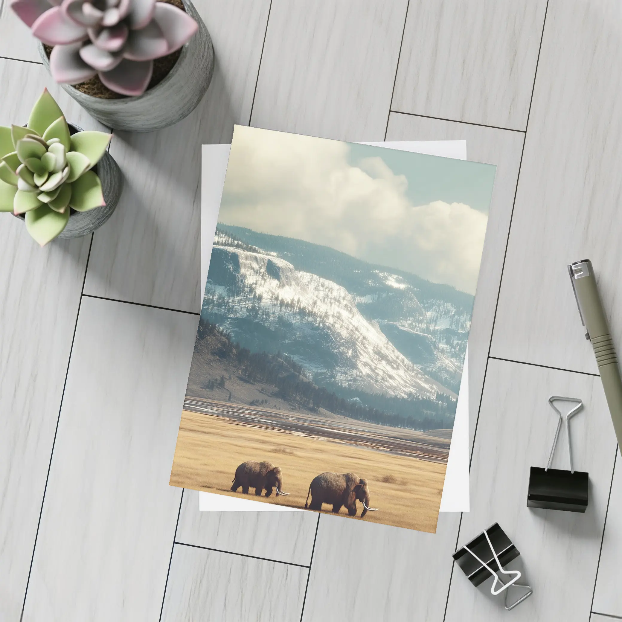 Two Elephants Walking Snowy Mountain Plains – Postcards