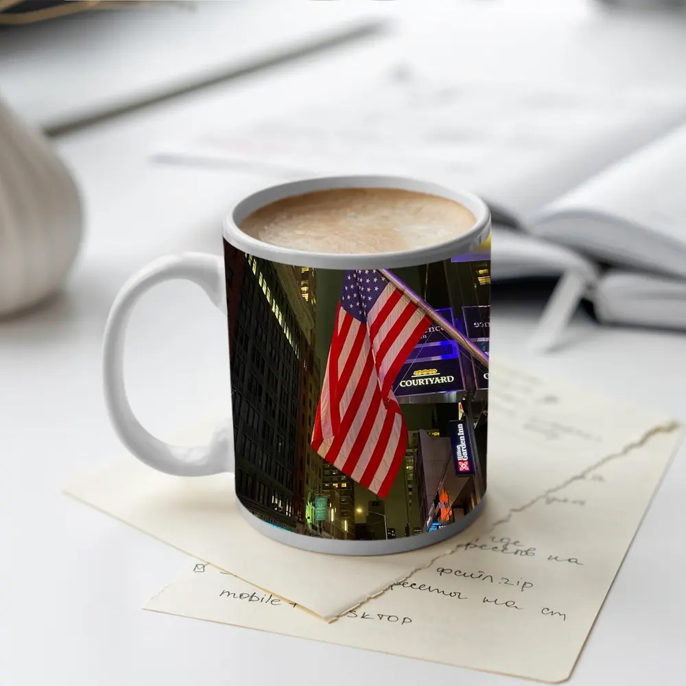 American Flag New York City Night Street – Mugs
