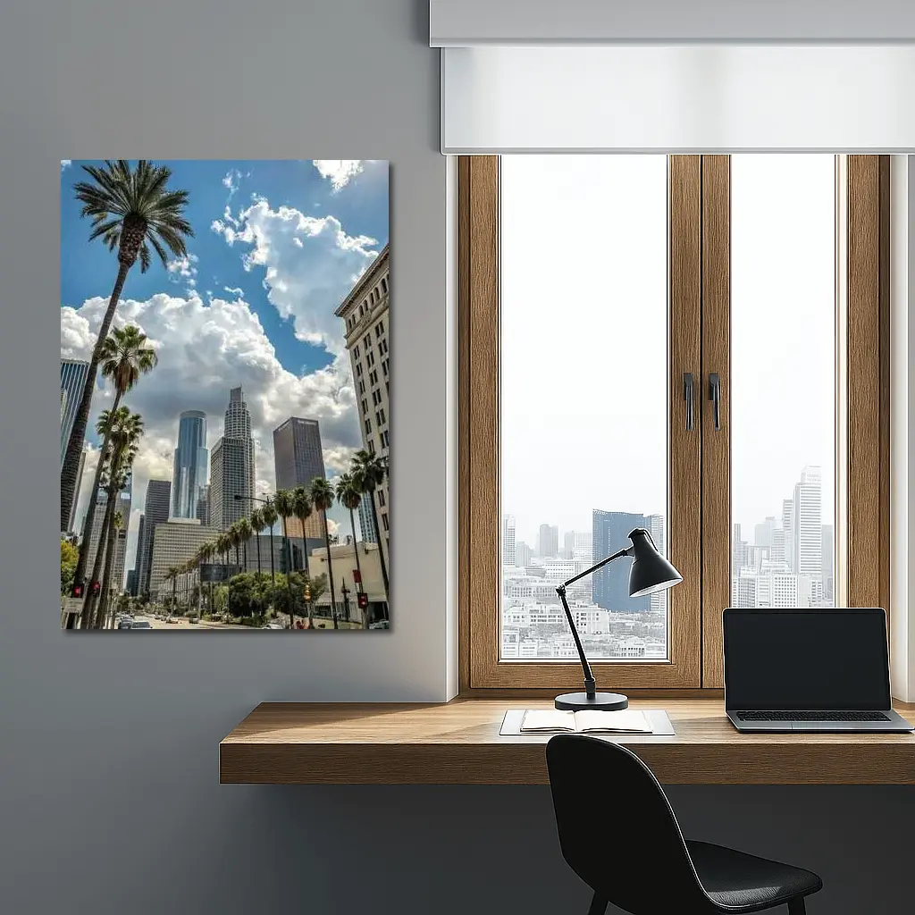 Los Angeles Downtown Skyline Palm Trees Street – Wall Art