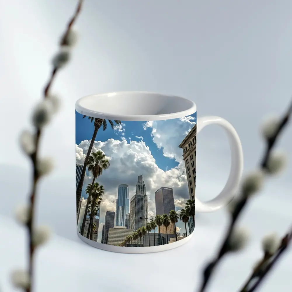 Los Angeles Downtown Skyline Palm Trees Street – Mugs