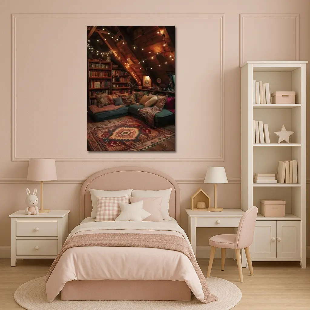 Cozy Bohemian Attic Reading Room String Lights – Wall Art