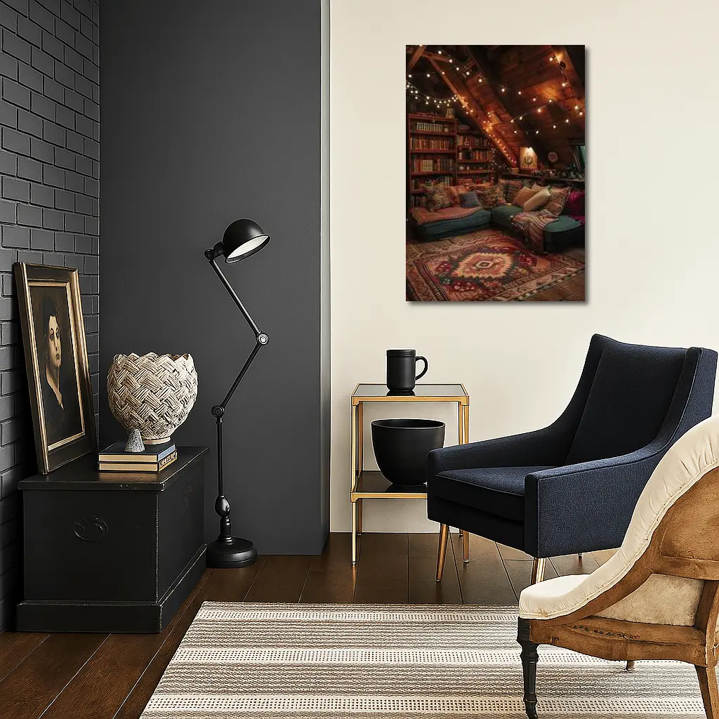 Cozy Bohemian Attic Reading Room String Lights – Wall Art