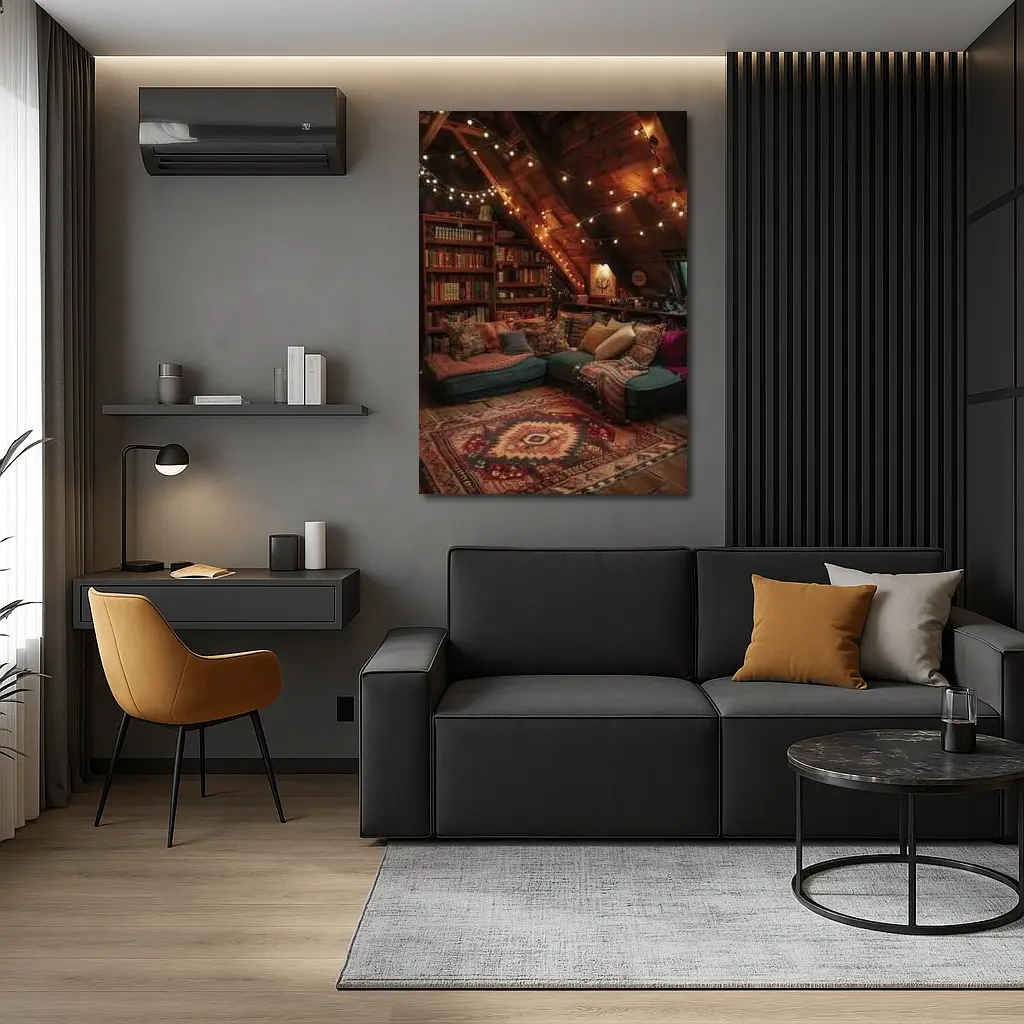Cozy Bohemian Attic Reading Room String Lights – Wall Art